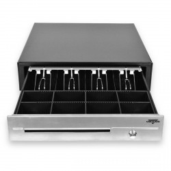 Pokladní zásuvka C430D - s kabelem, kovové držáky, nerez panel, 9-24V, černá